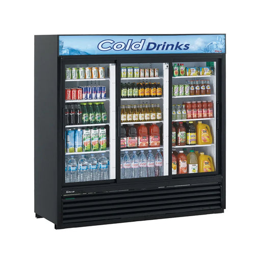 Turbo Air TGM-69RB-N 78" Black Three Section Glass Door Merchandiser Refrigerator – (3) Swing Doors, LED Lighting, 115v - Donut-Equipment.com