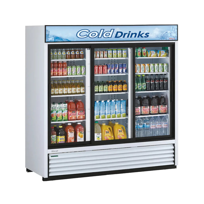 Turbo Air TGM-69R-N 78" White Three Section Glass Door Merchandiser Refrigerator – (3) Swing Doors, LED Lighting, 115v - Donut-Equipment.com