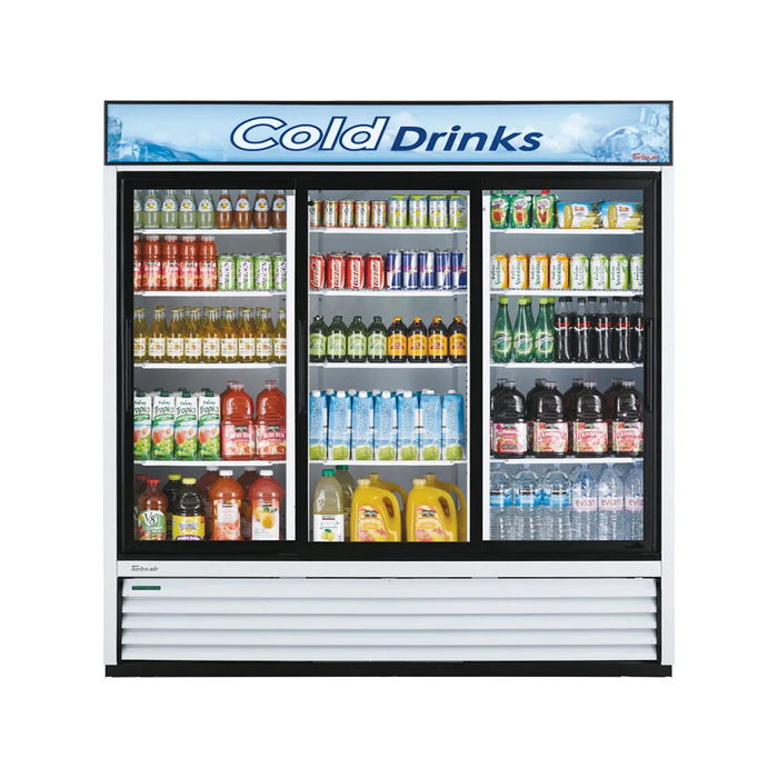 Turbo Air TGM-69R-N 78" White Three Section Glass Door Merchandiser Refrigerator – (3) Swing Doors, LED Lighting, 115v - Donut-Equipment.com