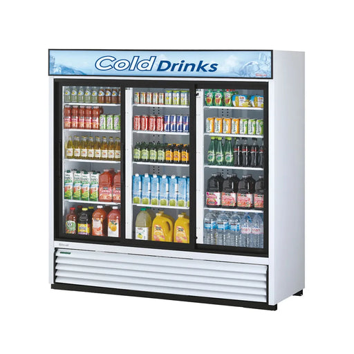 Turbo Air TGM-69R-N 78" White Three Section Glass Door Merchandiser Refrigerator – (3) Swing Doors, LED Lighting, 115v - Donut-Equipment.com