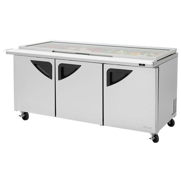 Turbo Air TST-72SD-30-N-GL 72" 3 Door Mega Top Hinged Glass Lid Refrigerated Sandwich Prep Table - Donut-Equipment.com