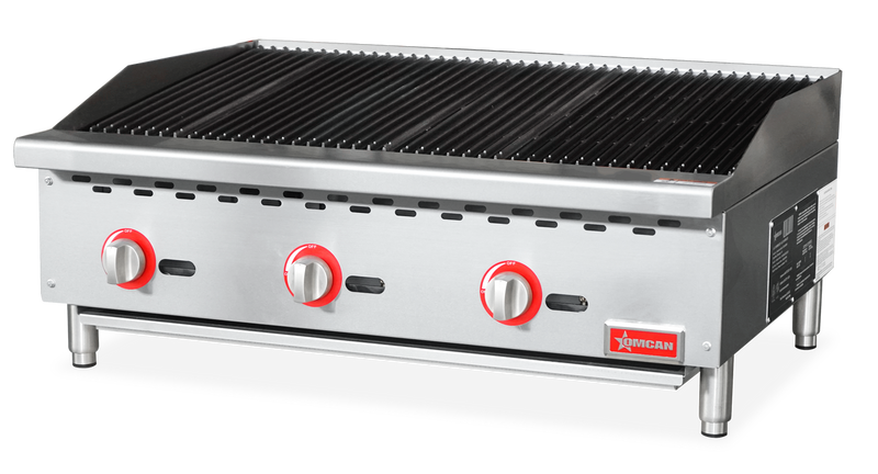 Omcan 36" Radiant Gas Charbroiler – 105,000 BTU Commercial Countertop Charbroiler with 3 Burners and Heavy-Duty Cast Iron Grates - Donut-Equipment.com