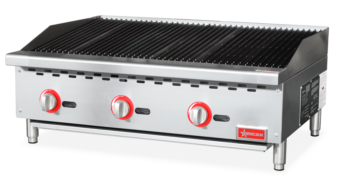 Omcan 36" Radiant Gas Charbroiler – 105,000 BTU Commercial Countertop Charbroiler with 3 Burners and Heavy-Duty Cast Iron Grates