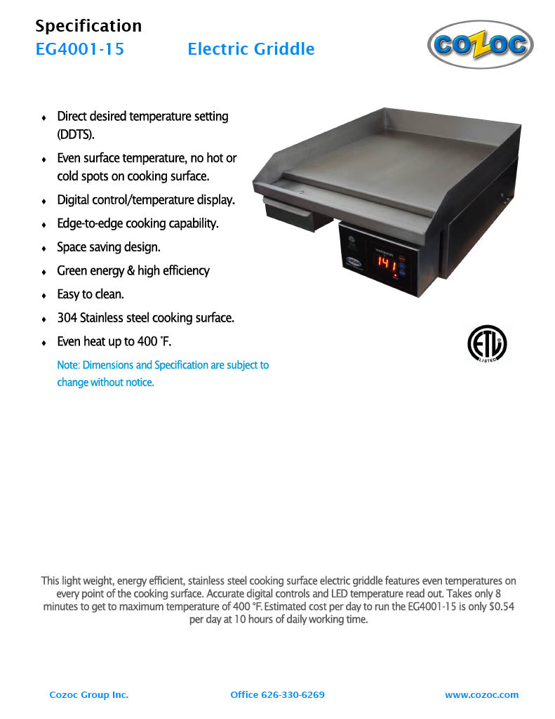 Cozoc Counter Electric Griddle Model EG4001-15 - Donut-Equipment.com