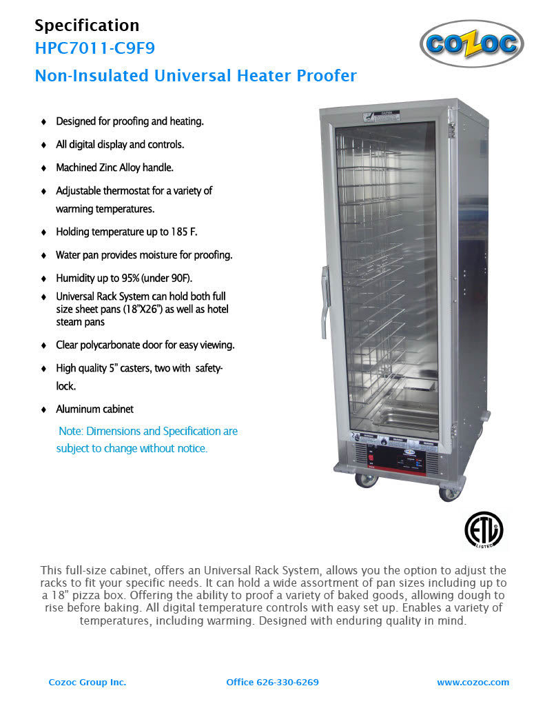Cozoc HPC7011-C9F9 Heater/Proofer Cabinet, 1500 watts - Donut-Equipment.com