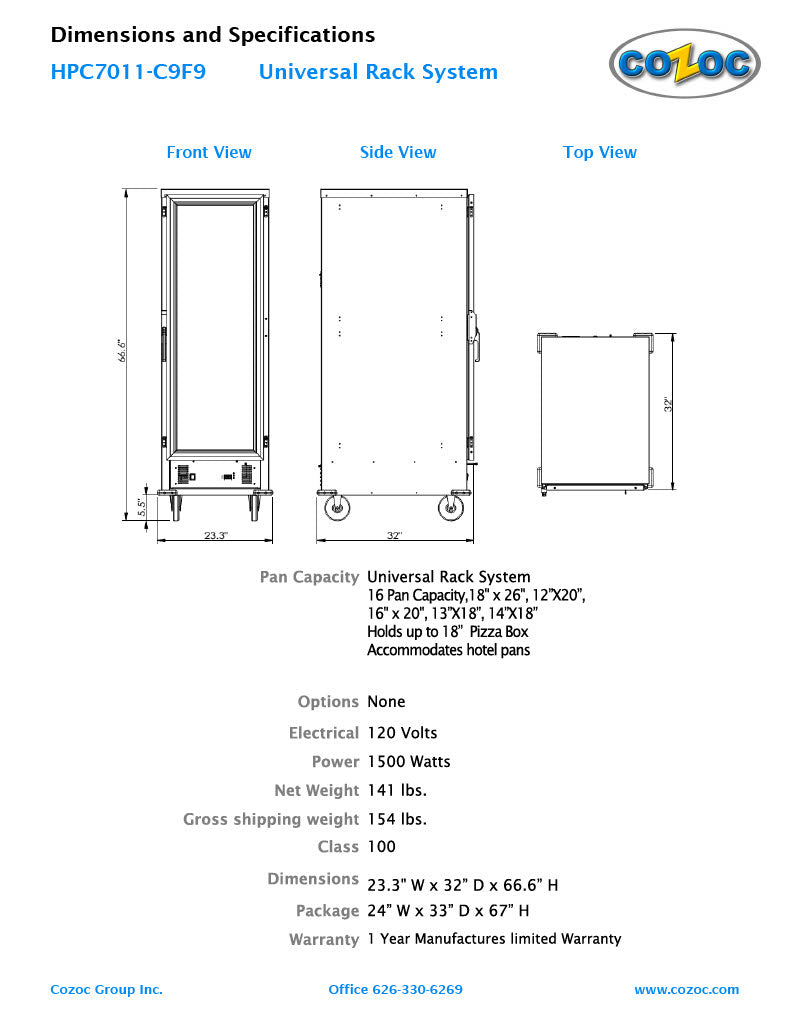 Cozoc HPC7011-C9F9 Heater/Proofer Cabinet, 1500 watts - Donut-Equipment.com