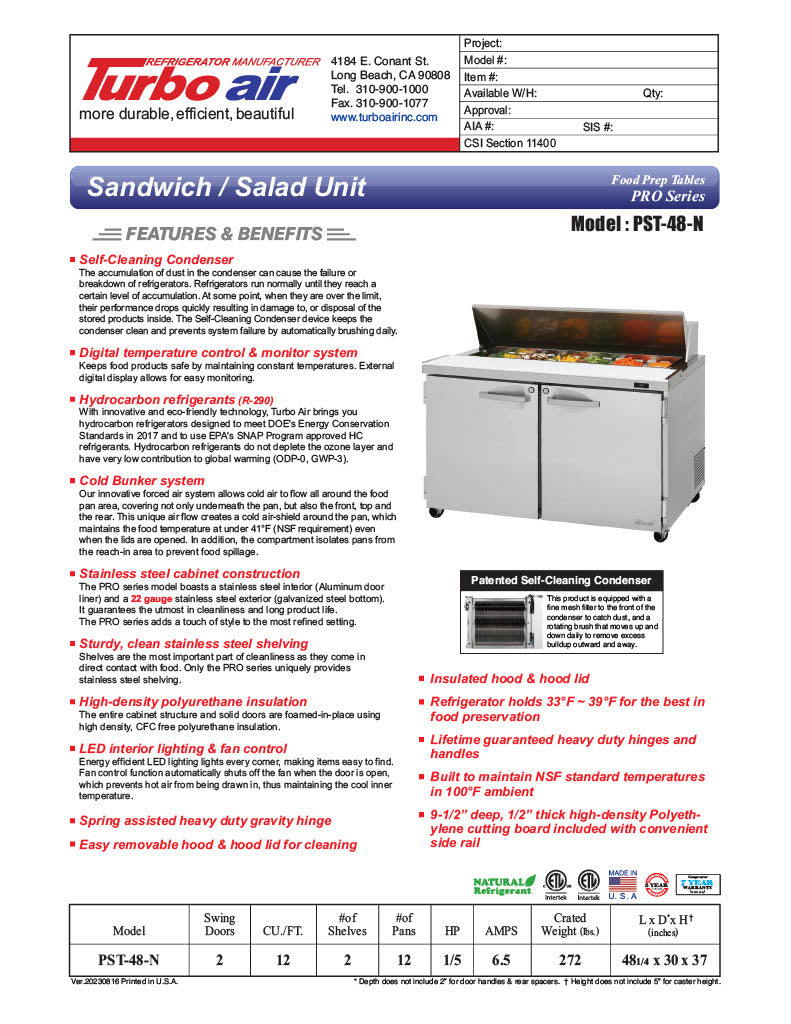 Turbo Air PST-48-N PRO Series (2 Door) Sandwich/Salad Prep Table - Donut-Equipment.com