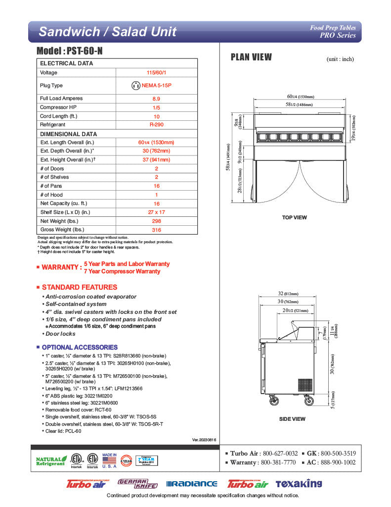 Turbo Air PST-60-N 60 1/4" PRO Series Sandwich/Salad Prep Table w/ Refrigerated Base, 115v - Donut-Equipment.com