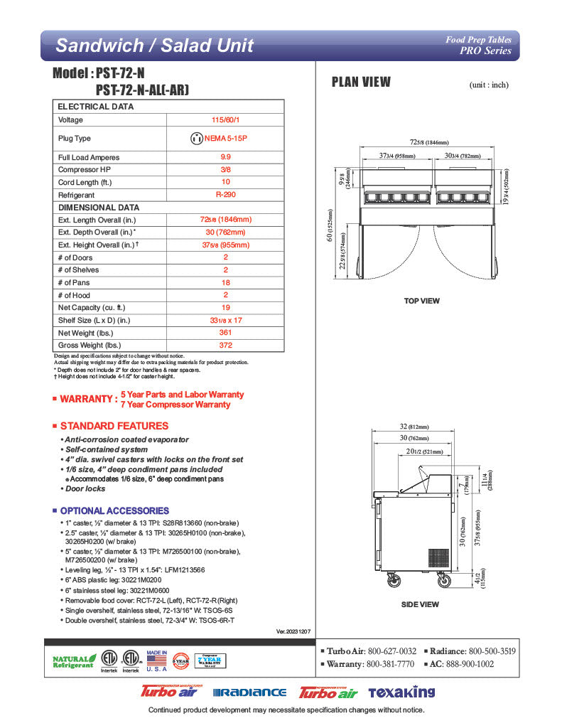 Turbo Air PST-72-N 72 5/8" PRO Series Sandwich/Salad Prep Table w/ Refrigerated Base - Donut-Equipment.com
