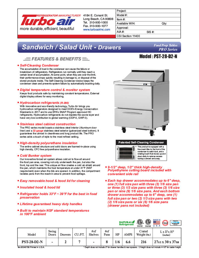 Turbo Air PST-28-D2-N 27 1/2" PRO Series Sandwich/Salad Prep Table w/ Refrigerated Base - Donut-Equipment.com