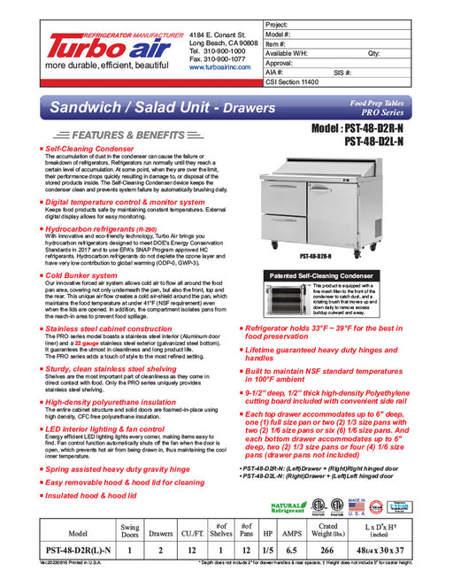Turbo Air PST-48-D2R-N 48 1/4" PRO Series Sandwich/Salad Prep Table w/ Refrigerated Base - Donut-Equipment.com