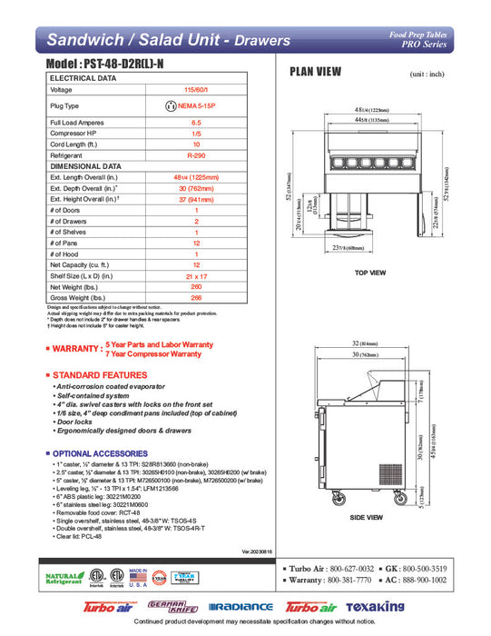 Turbo Air PST-48-D2R-N 48 1/4" PRO Series Sandwich/Salad Prep Table w/ Refrigerated Base - Donut-Equipment.com