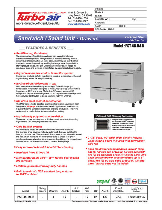 Turbo Air PST-48-D4-N 48 1/4" PRO Series Sandwich/Salad Prep Table w/ Refrigerated Base - Donut-Equipment.com
