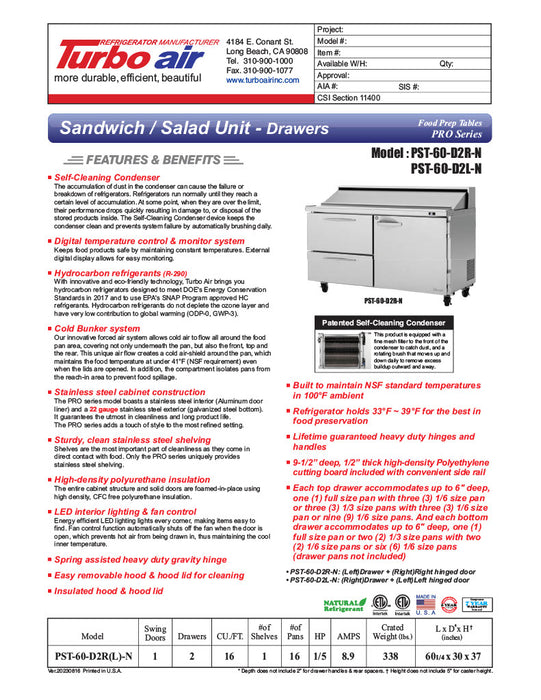 Turbo Air PST-60-D2R(L)-N 60 1/4" PRO Series Sandwich/Salad Prep Table w/ Refrigerated Base - Donut-Equipment.com