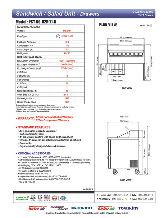 Turbo Air PST-60-D2R(L)-N 60 1/4" PRO Series Sandwich/Salad Prep Table w/ Refrigerated Base - Donut-Equipment.com