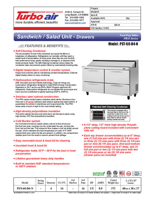 Turbo Air PST-60-D4-N 60 1/4" PRO Series Sandwich/Salad Prep Table w/ Refrigerated Base - Donut-Equipment.com