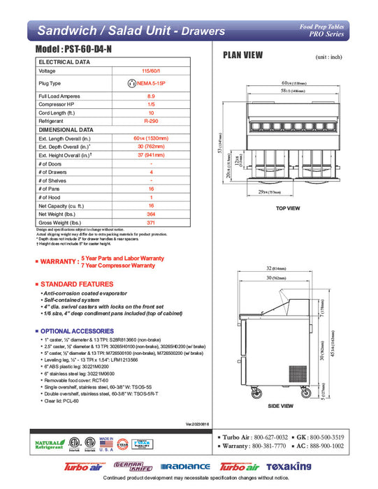 Turbo Air PST-60-D4-N 60 1/4" PRO Series Sandwich/Salad Prep Table w/ Refrigerated Base - Donut-Equipment.com