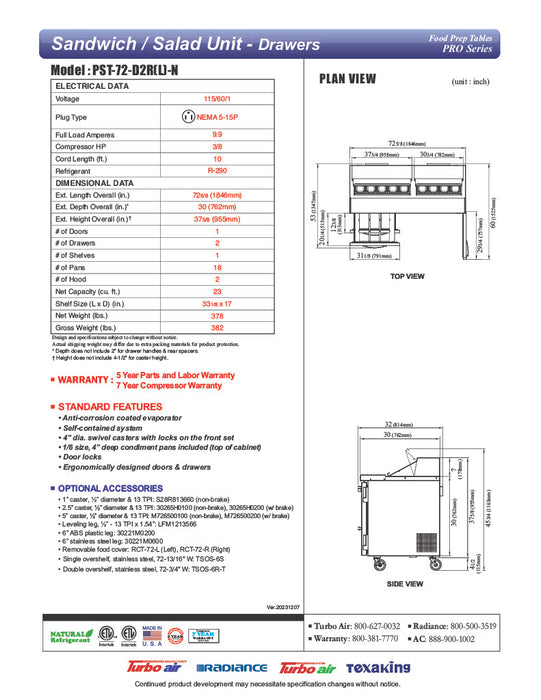 Turbo Air PST-72-D2R(L)-N 72 5/8" PRO Series Sandwich/Salad Prep Table w/ Refrigerated Base - Donut-Equipment.com