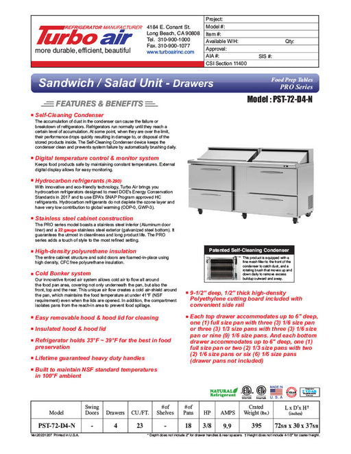 Turbo Air PST-72-D4-N 72 5/8" PRO Series Sandwich/Salad Prep Table w/ Refrigerated Base - Donut-Equipment.com