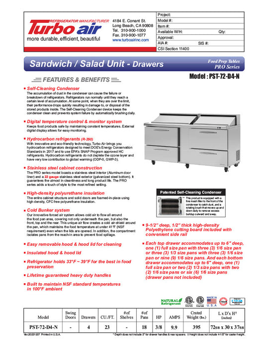 Turbo Air PST-72-D4-N 72 5/8" PRO Series Sandwich/Salad Prep Table w/ Refrigerated Base - Donut-Equipment.com