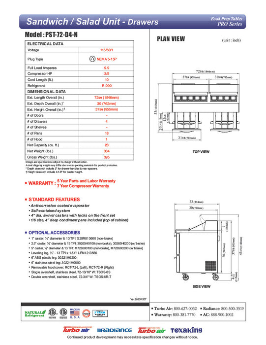 Turbo Air PST-72-D4-N 72 5/8" PRO Series Sandwich/Salad Prep Table w/ Refrigerated Base - Donut-Equipment.com