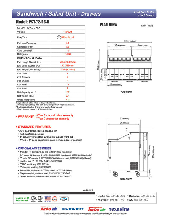 Turbo Air PST-72-D6-N 72 5/8" PRO Series Sandwich/Salad Prep Table w/ Refrigerated Base - Donut-Equipment.com