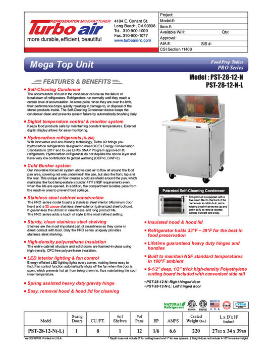 Turbo Air PST-28-12-N 27 1/2" PRO Series Mega Top Sandwich/Salad Prep Table w/ Refrigerated Base - Donut-Equipment.com