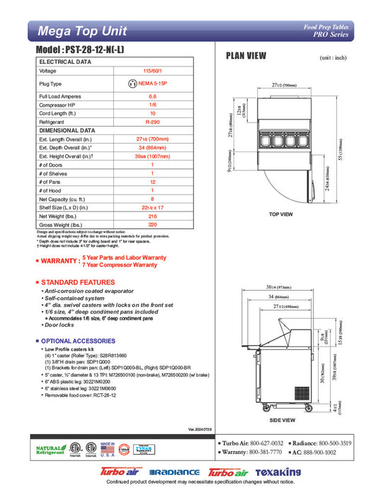 Turbo Air PST-28-12-N 27 1/2" PRO Series Mega Top Sandwich/Salad Prep Table w/ Refrigerated Base - Donut-Equipment.com
