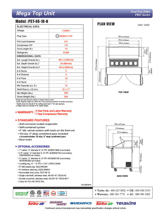 Turbo Air PST-48-18-N 48 1/4" PRO Series Mega Top Sandwich/Salad Prep Table w/ Refrigerated Base - Donut-Equipment.com