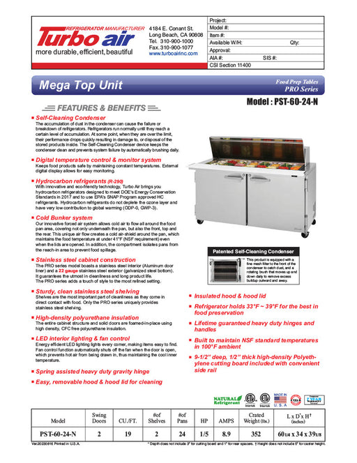 Turbo Air PST-60-24-N 60 1/4" PRO Series Mega Top Sandwich/Salad Prep Table w/ Refrigerated Base - Donut-Equipment.com