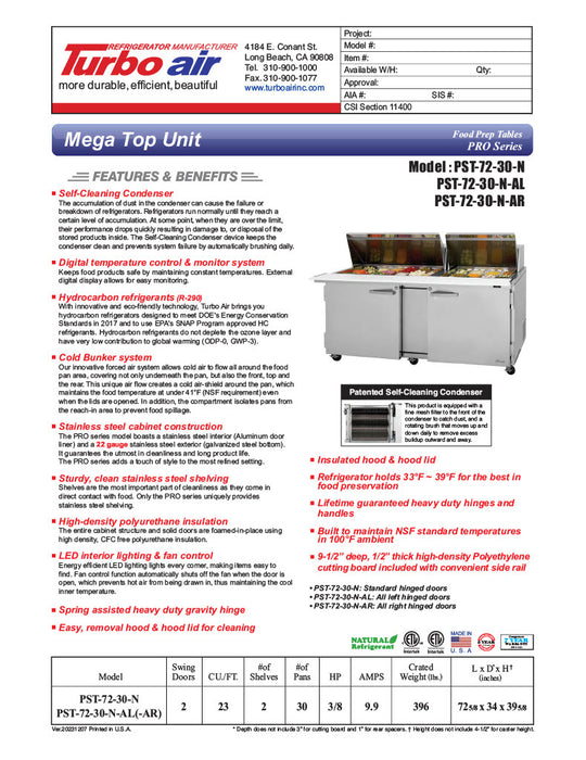 Turbo Air PST-72-30-N 72 5/8" PRO Series Mega Top Sandwich/Salad Prep Table w/ Refrigerated Base - Donut-Equipment.com