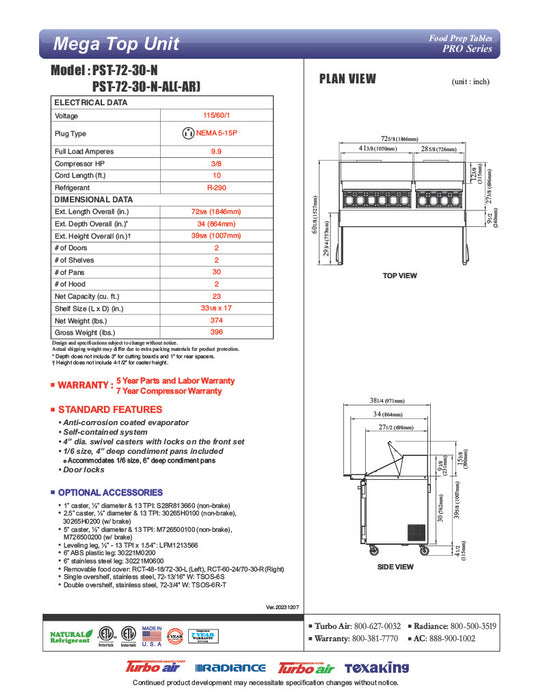 Turbo Air PST-72-30-N 72 5/8" PRO Series Mega Top Sandwich/Salad Prep Table w/ Refrigerated Base - Donut-Equipment.com