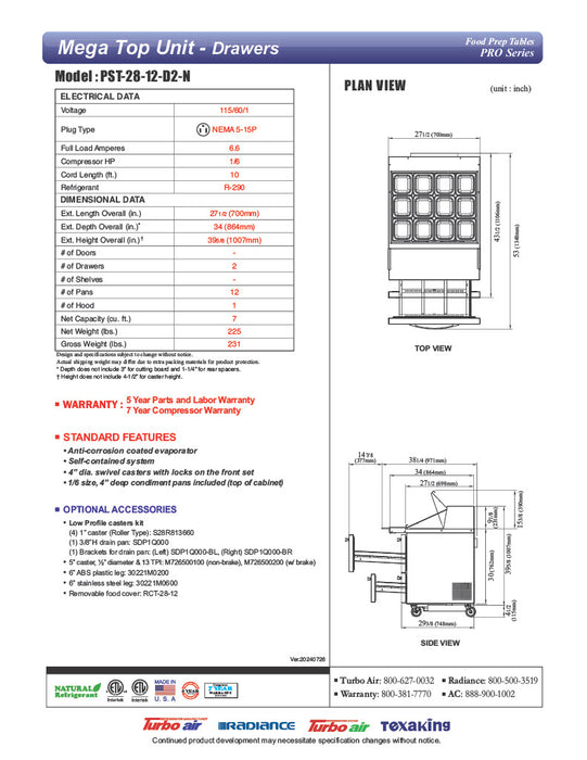 Turbo Air PST-28-12-D2-N 27" PRO Series Mega Top Sandwich/Salad Prep Table w/ Refrigerated Base - Donut-Equipment.com