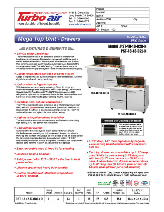 urbo Air PST-48-18-D2R-N 48 1/4" PRO Series Mega Top Sandwich/Salad Prep Table w/ Refrigerated Base - Donut-Equipment.com