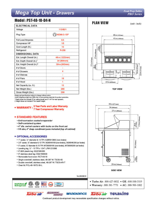 Turbo Air PST-48-18-D4-N 48" PRO Series Mega Top Sandwich/Salad Prep Table w/ Refrigerated Base - Donut-Equipment.com