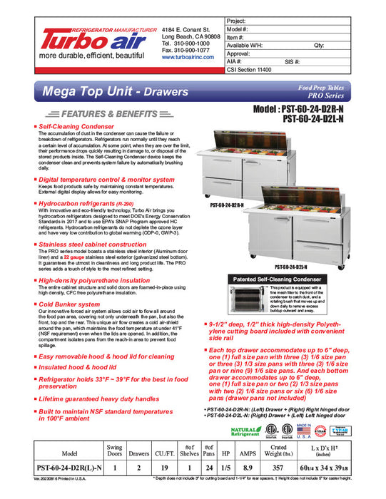 Turbo Air PST-60-24-D2R-N 60 1/4" PRO Series Mega Top Sandwich/Salad Prep Table w/ Refrigerated Base - Donut-Equipment.com