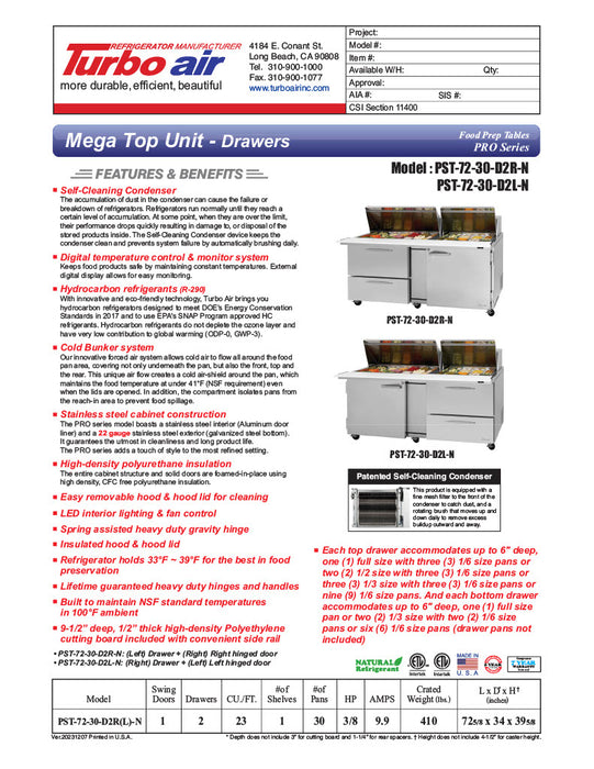 Turbo Air PST-72-30-D2R-N 72 5/8" PRO Series Mega Top Sandwich/Salad Prep Table w/ Refrigerated Base - Donut-Equipment.com