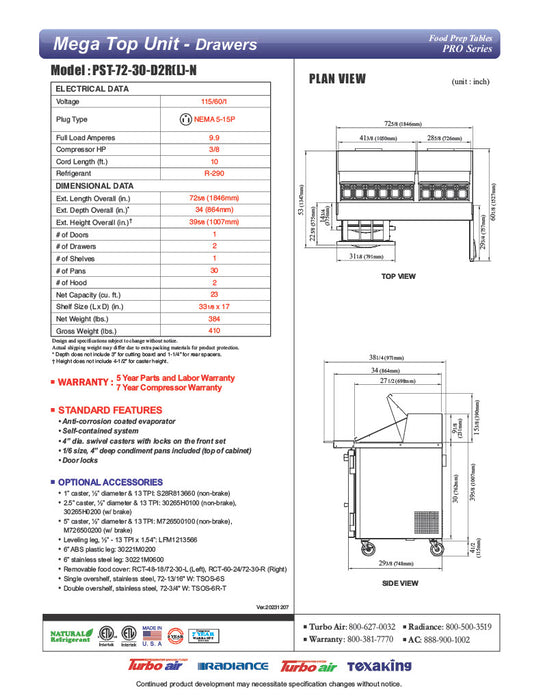 Turbo Air PST-72-30-D2R-N 72 5/8" PRO Series Mega Top Sandwich/Salad Prep Table w/ Refrigerated Base - Donut-Equipment.com