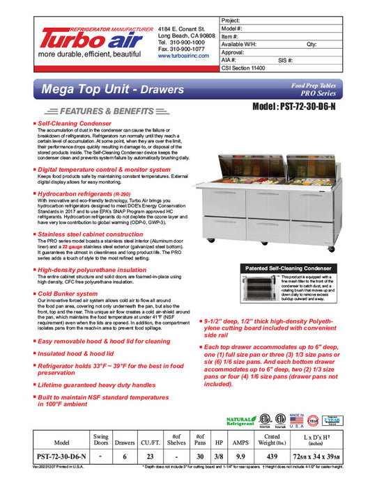 Turbo Air PST-72-30-D6-N 72 5/8" PRO Series Mega Top Sandwich/Salad Prep Table w/ Refrigerated Base - Donut-Equipment.com