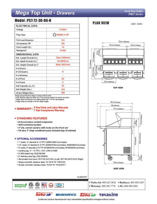 Turbo Air PST-72-30-D6-N 72 5/8" PRO Series Mega Top Sandwich/Salad Prep Table w/ Refrigerated Base - Donut-Equipment.com