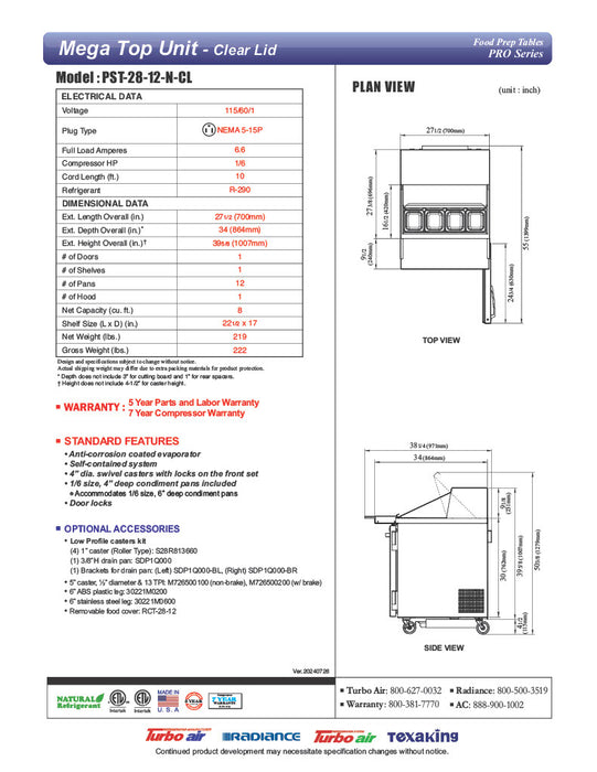 Turbo Air PST-28-12-N-CL 27 1/2" PRO Series Mega Top Sandwich/Salad Prep Table w/ Refrigerated Base - Donut-Equipment.com