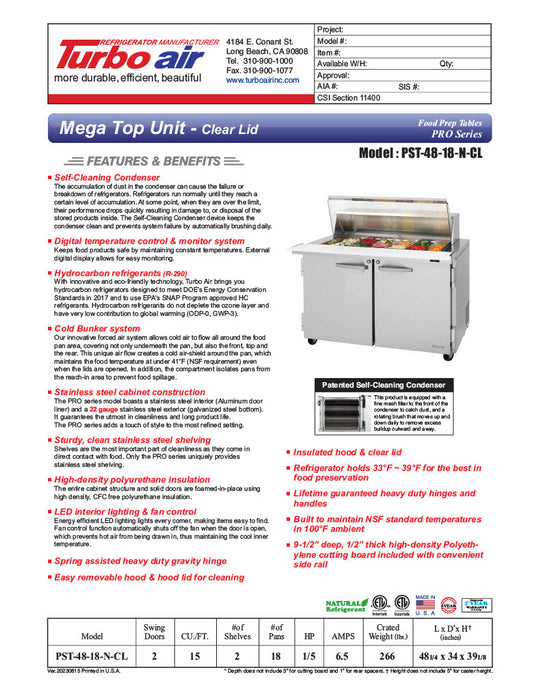 Turbo Air PST-48-18-N-CL 48 1/4" PRO Series Mega Top Sandwich/Salad Prep Table w/ Refrigerated Base - Donut-Equipment.com