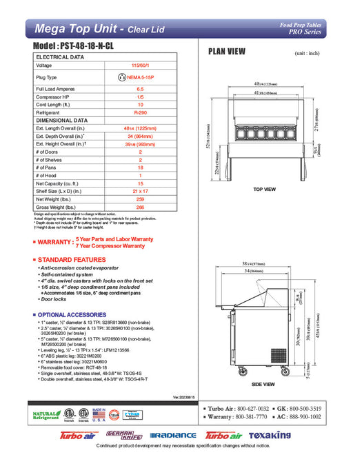 Turbo Air PST-48-18-N-CL 48 1/4" PRO Series Mega Top Sandwich/Salad Prep Table w/ Refrigerated Base - Donut-Equipment.com