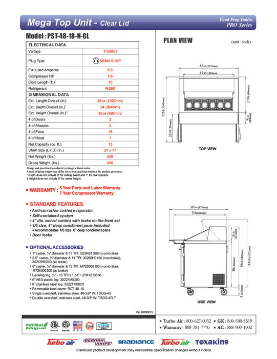 Turbo Air PST-48-18-N-CL 48 1/4" PRO Series Mega Top Sandwich/Salad Prep Table w/ Refrigerated Base - Donut-Equipment.com