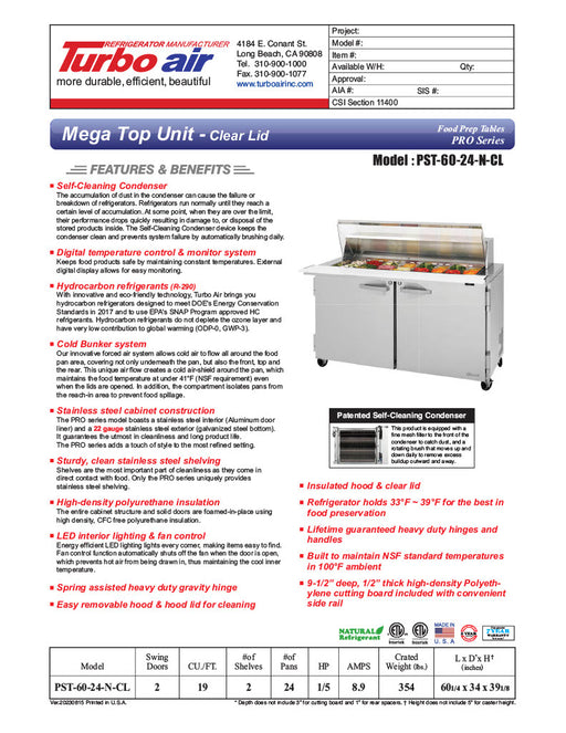 Turbo Air PST-60-24-N-CL 60 1/4" PRO Series Mega Top Sandwich/Salad Prep Table w/ Refrigerated Base - Donut-Equipment.com