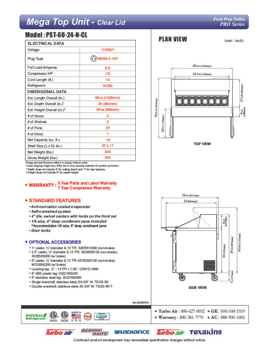 Turbo Air PST-60-24-N-CL 60 1/4" PRO Series Mega Top Sandwich/Salad Prep Table w/ Refrigerated Base - Donut-Equipment.com