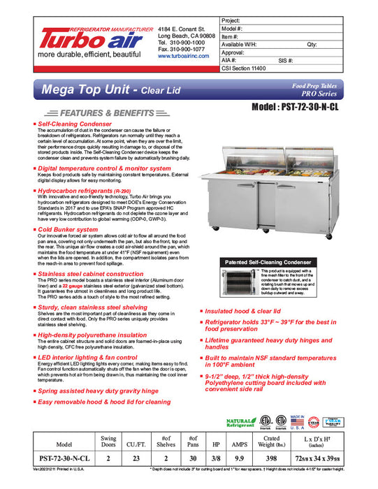 Turbo Air PST-72-30-N-CL 72 5/8" PRO Series Mega Top Sandwich/Salad Prep Table w/ Refrigerated Base - Donut-Equipment.com