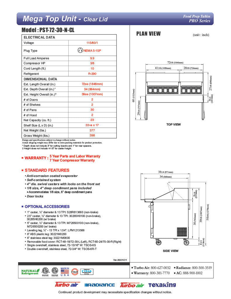 Turbo Air PST-72-30-N-CL 72 5/8" PRO Series Mega Top Sandwich/Salad Prep Table w/ Refrigerated Base - Donut-Equipment.com
