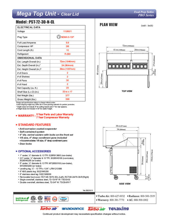 Turbo Air PST-72-30-N-CL 72 5/8" PRO Series Mega Top Sandwich/Salad Prep Table w/ Refrigerated Base - Donut-Equipment.com