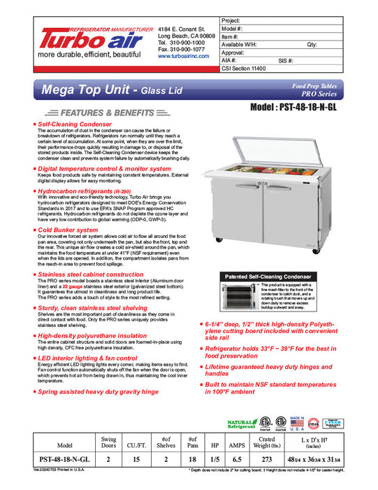 Turbo Air PST-48-18-N-GL 48 1/4" PRO Series Mega Top Sandwich/Salad Prep Table w/ Refrigerated Base - Donut-Equipment.com